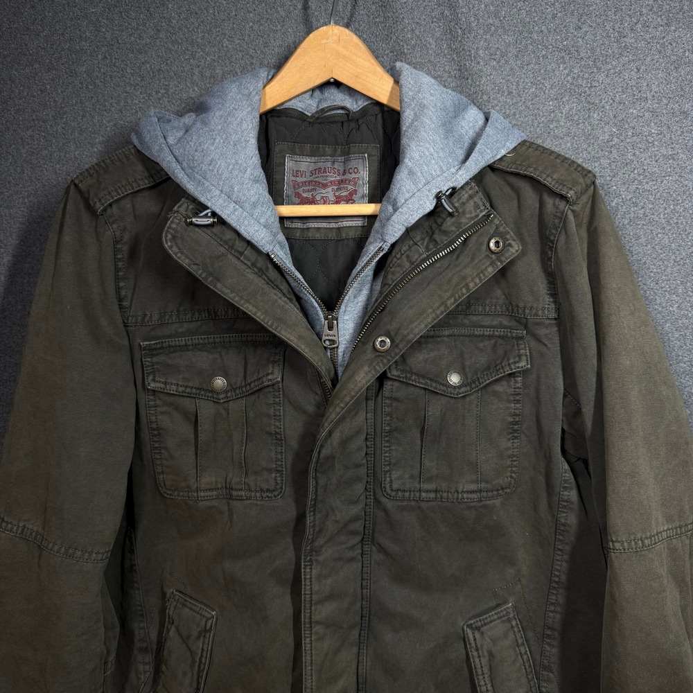 Levis Military Field Jacket Mens Olive Green Hooded Quilted Lined Canvas Coat